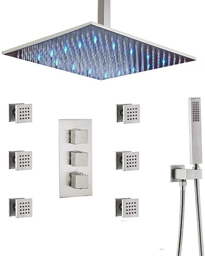 Homedec Thermostatic LED Ceiling Mount Rainfall Shower Head System